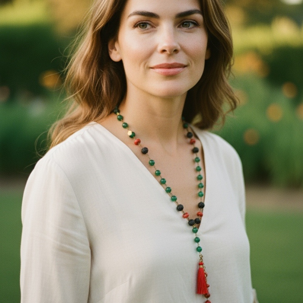 Vintage Jade & Carved Black Bead Mala-Style Tassel Necklace